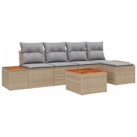 Set di divani da giardino di 6 pezzi con cuscini beige in polirattan acacia - Foto 1