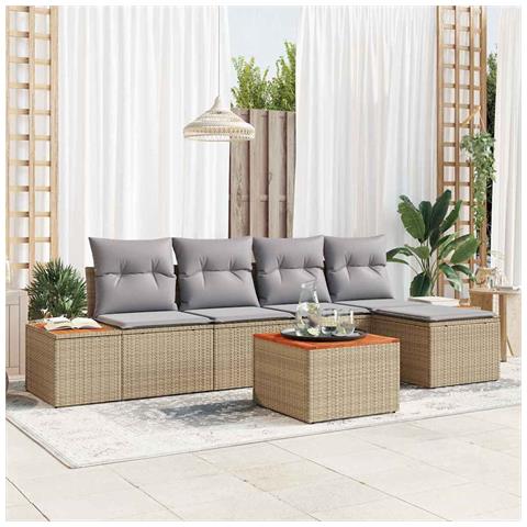 Set di divani da giardino di 6 pezzi con cuscini beige in polirattan acacia - Foto 2