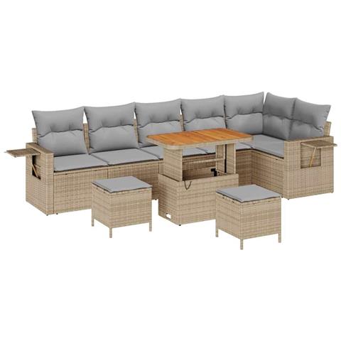Set Divano da Giardino  9 Pezzi con Cuscini Beige Polyrattan Acacia, Set da Pranzo da Giardino  3 Pezzi con Cuscini Beige Polyrattan Acacia - Foto 1