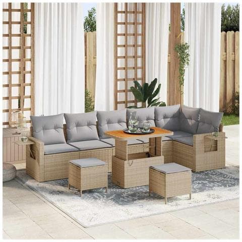 Set Divano da Giardino  9 Pezzi con Cuscini Beige Polyrattan Acacia, Set da Pranzo da Giardino  3 Pezzi con Cuscini Beige Polyrattan Acacia - Foto 2