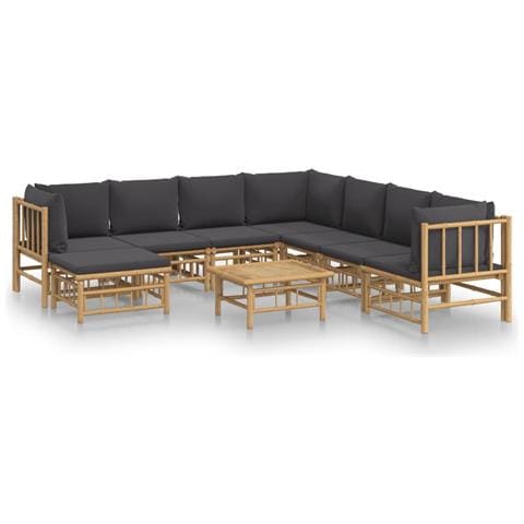 Set Salotto da Giardino 9pz con Cuscini Grigio Scuro Bambù - Foto 1