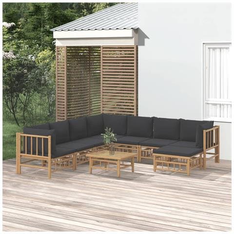 Set Salotto da Giardino 9pz con Cuscini Grigio Scuro Bambù - Foto 2
