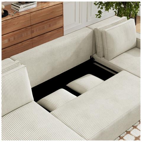 Salisbury Divano Letto Panoramico 6 Posti Con Cassapanca In Velluto A Coste Beige - Foto 2