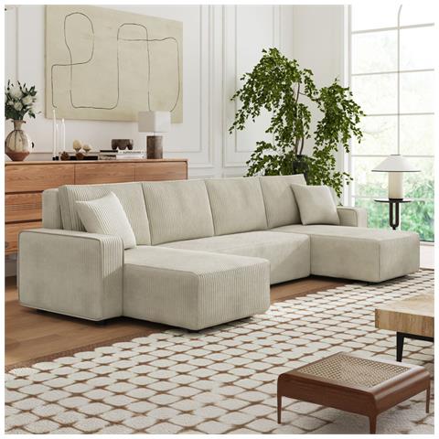 Salisbury Divano Letto Panoramico 6 Posti Con Cassapanca In Velluto A Coste Beige - Foto 1