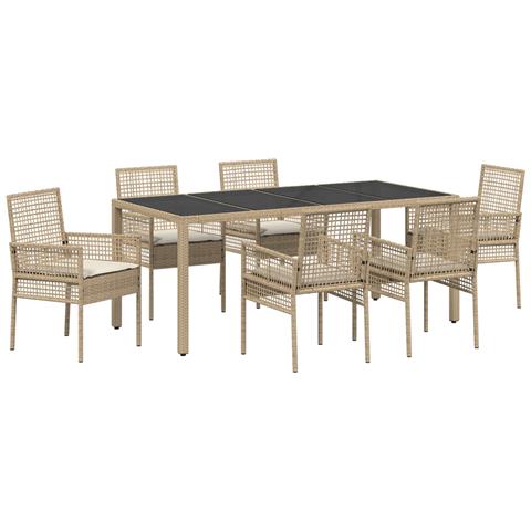 Set da pranzo da giardino 7 pezzi con cuscini beige in polyrattan - Foto 1