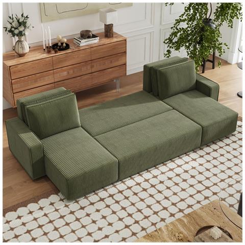 Salisbury Divano Panoramico Trasformabile A 6 Posti Con Cassettiera In Velluto A Coste Verde - Foto 2