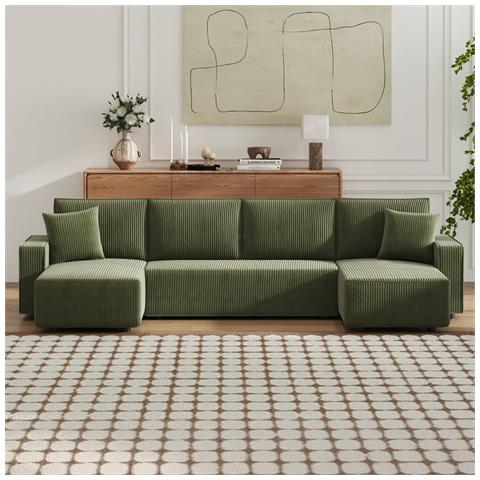 Salisbury Divano Panoramico Trasformabile A 6 Posti Con Cassettiera In Velluto A Coste Verde - Foto 7