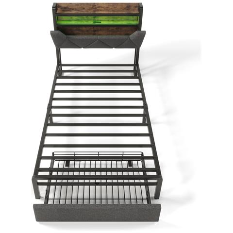 Letto Singolo Con Testiera Contenitore E Porte Usb In Lino Grigio - Foto 2