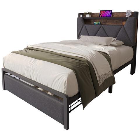 Letto Singolo Con Testiera Contenitore E Porte Usb In Lino Grigio - Foto 1