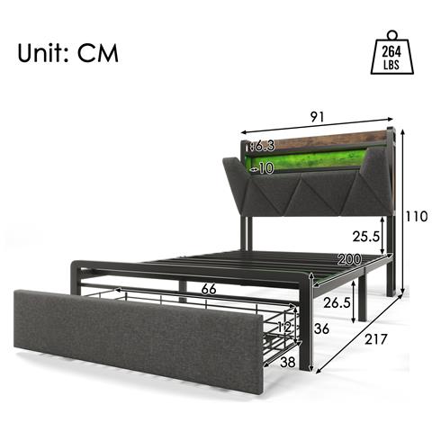 Letto Singolo Con Testiera Contenitore E Porte Usb In Lino Grigio - Foto 3