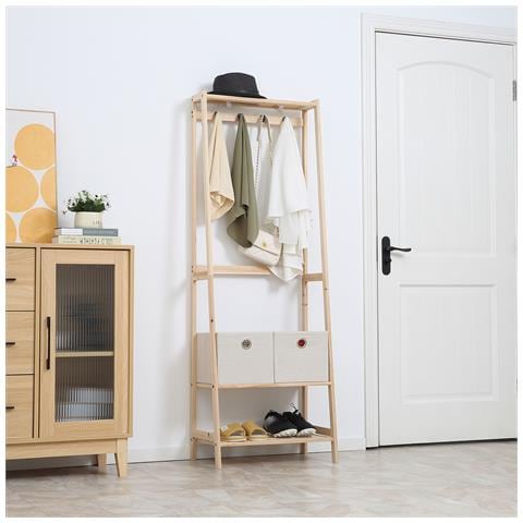 Appendiabiti In Legno Naturale Con 4 Ganci, 3 Mensole E 2 Cassetti In Tessuto, 58x36x168cm - Foto 2