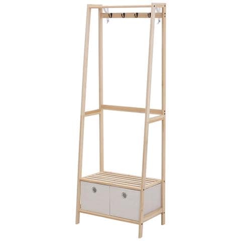 Appendiabiti In Legno Naturale Con 4 Ganci, 3 Mensole E 2 Cassetti In Tessuto, 58x36x168cm - Foto 1