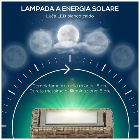 Lampada Solare Da Giardino Con Pannello Di Ricarica, In Acciaio E Rattan, 15.5x15.5x69 Cm, Nero E Marrone - Foto 6