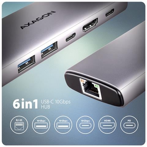 HMC-6G2L replicatore di porte e docking station per laptop Cablato USB 3.2 Gen 2 (3.1 Gen 2) Type-C Alluminio - Foto 1