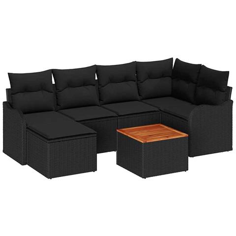 Set di Divani da Giardino a 7 Pezzi con Cuscini Nero Polirattan Acacia, Divano da Giardino a 2 Posti con Cuscini Nero Polirattan - Foto 1