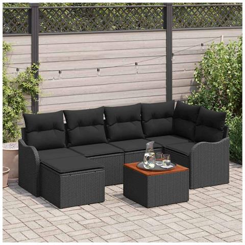 Set di Divani da Giardino a 7 Pezzi con Cuscini Nero Polirattan Acacia, Divano da Giardino a 2 Posti con Cuscini Nero Polirattan - Foto 2