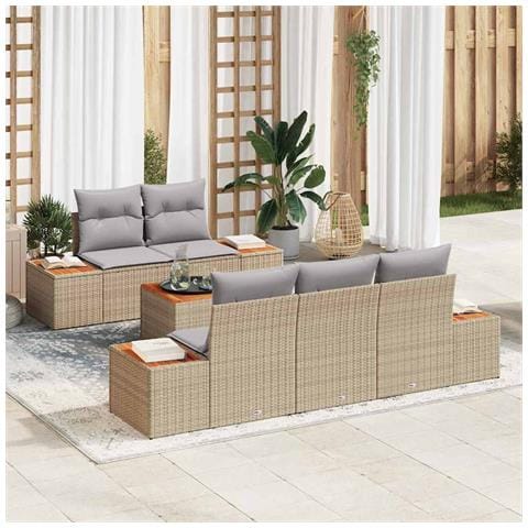 Set di divani da giardino di 6 pezzi con cuscini Beige Poly Rattan Acacia - Foto 2