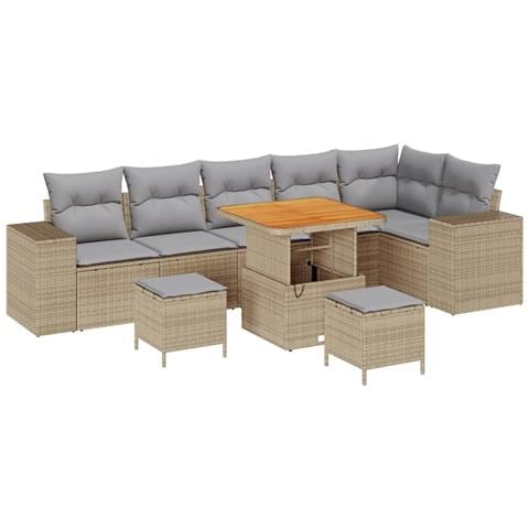 Set Divano da Giardino  9 Pezzi con Cuscini Beige Polyrattan Acacia, Set da Pranzo da Giardino  3 Pezzi con Cuscini Beige Polyrattan Acacia - Foto 1