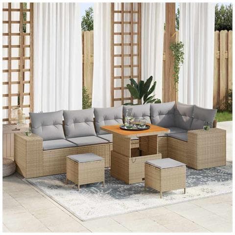Set Divano da Giardino  9 Pezzi con Cuscini Beige Polyrattan Acacia, Set da Pranzo da Giardino  3 Pezzi con Cuscini Beige Polyrattan Acacia - Foto 2