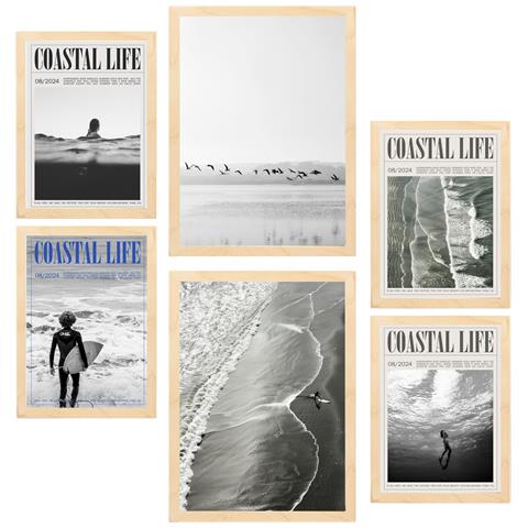 Set Di 6 Stampe Dipinto Decorativo Estate, Spiaggia E Mare Incorniciato Con Illustrazioni Di Design Per La Decorazione Della Parete A3 & A4 Telaio In Legno Chiaro - Foto 1