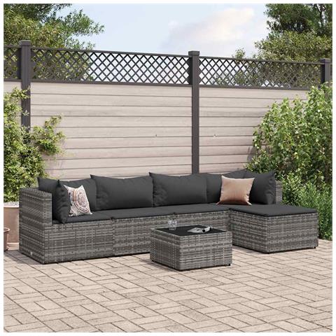 Set Divani da Giardino 6 pz con Cuscini in Polyrattan Grigio - Foto 2