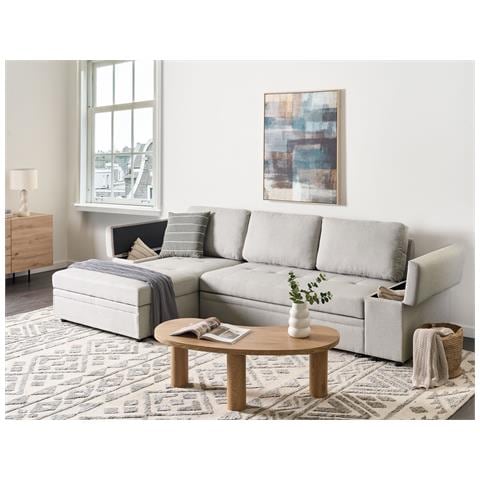 Divano Letto Angolare 3 Posti Hrisey Lino Sintetico Grigio Chiaro Con Contenitore Lato Destro - Foto 1