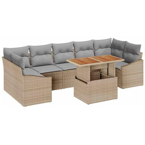 Set da Pranzo da Giardino 8 Pezzi con Cuscini Beige Rattan Acacia - Foto 1