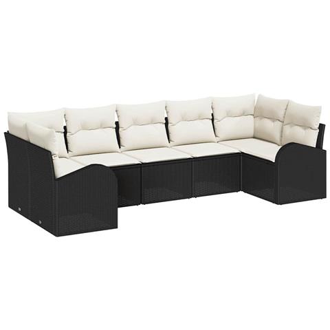 Set di Divani da Giardino a 7 Pezzi con Cuscini Nero Polyrattan, Divano da Giardino a 2 Posti con Ripostiglio e Cuscini Nero Polyrattan - Foto 1