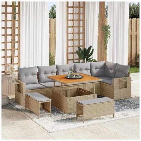 Set Divano da Giardino  9 Pezzi con Cuscini Beige Polyrattan Acacia, Set da Pranzo da Giardino  3 Pezzi con Cuscini Beige Polyrattan Acacia - Foto 2