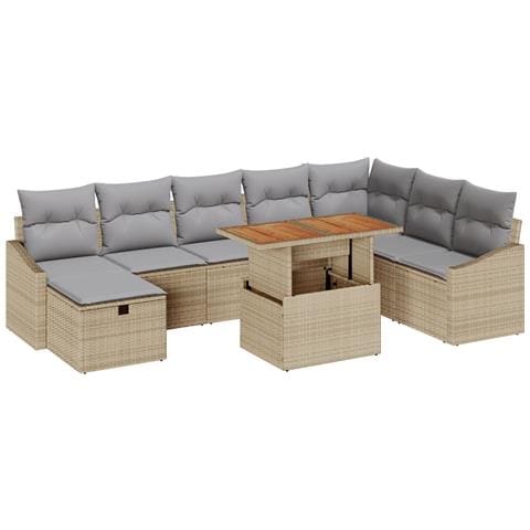 Set Divano da Giardino a 9 Pezzi con Cuscini Rattan Polietilene Beige - Foto 1