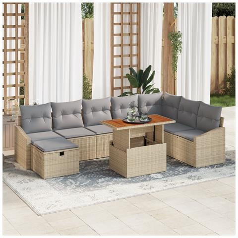 Set Divano da Giardino a 9 Pezzi con Cuscini Rattan Polietilene Beige - Foto 2