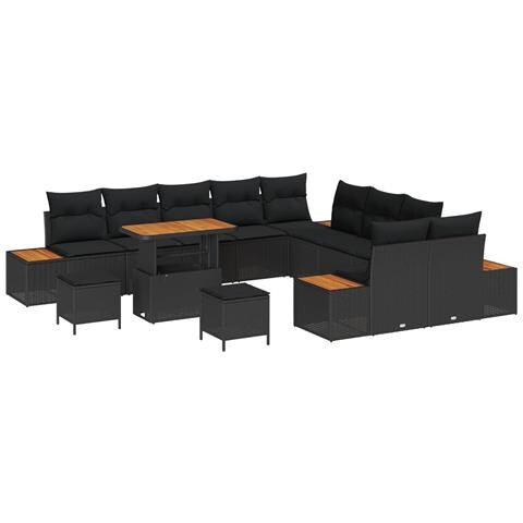 Set Divano Giardino 13 Pezzi con Cuscini Nero Polyrattan Acacia, Set Pranzo Giardino 3 Pezzi con Cuscini Nero Polyrattan Acacia - Foto 1