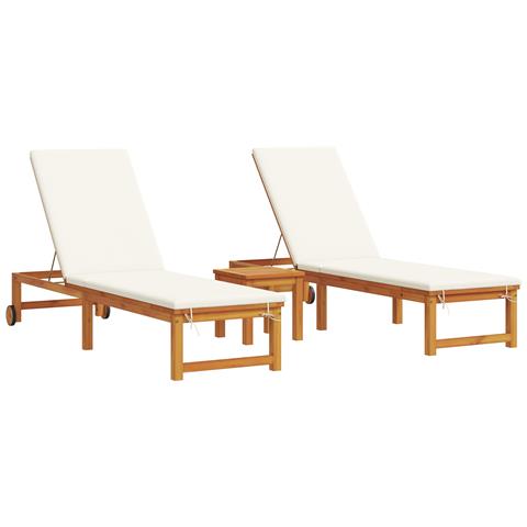 Lettini prendisole  2 pz con tavolo e cuscini in legno massello di acacia, Lettino prendisole  con cuscini panna in legno massello di acacia, Tavolino da giardino  35x35x34 cm in legno massello di acacia - Foto 1