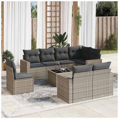 Set Divano da Giardino 9 pz con Cuscini Grigio in Polyrattan - Foto 2