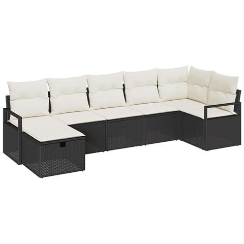 Set di Divani da Giardino a 7 Pezzi con Cuscini Nero Polyrattan, Divano Giardino a 2 Posti con Cuscini Nero Polyrattan - Foto 1