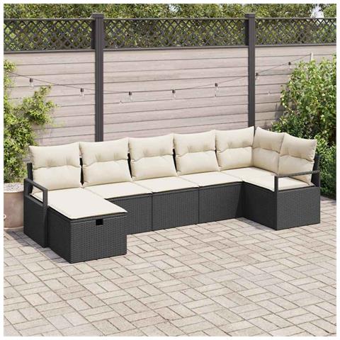 Set di Divani da Giardino a 7 Pezzi con Cuscini Nero Polyrattan, Divano Giardino a 2 Posti con Cuscini Nero Polyrattan - Foto 2
