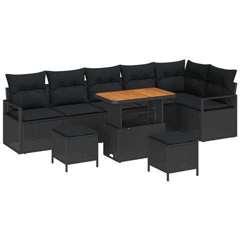 Set Divano da Giardino A 9 Pezzi Con Cuscini Rattan Polimerico Nero Acacia, Divano da Giardino A 2 Posti Con Cuscini Rattan Polimerico Nero, Set da Pranzo da Giardino A 3 Pezzi Con Cuscini Rattan Polimerico Nero Acacia - Foto 1