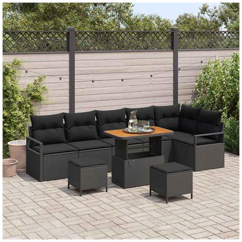 Set Divano da Giardino A 9 Pezzi Con Cuscini Rattan Polimerico Nero Acacia, Divano da Giardino A 2 Posti Con Cuscini Rattan Polimerico Nero, Set da Pranzo da Giardino A 3 Pezzi Con Cuscini Rattan Polimerico Nero Acacia - Foto 2