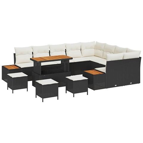 Set Divano Giardino 13 Pezzi con Cuscini Polyrattan Nero Acacia, Set Pranzo Giardino 4 Pezzi con Cuscini Polyrattan Nero Acacia - Foto 1