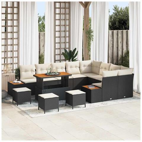 Set Divano Giardino 13 Pezzi con Cuscini Polyrattan Nero Acacia, Set Pranzo Giardino 4 Pezzi con Cuscini Polyrattan Nero Acacia - Foto 2