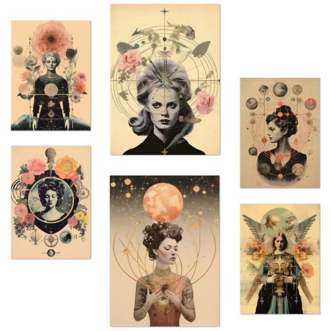 Set Di 6 Stampe Collage Floreale Surreale In Illustrazioni Di Design Esoterico Mistico Per Le Pareti Delle Stanze Della Tua Casa A3 & A4 Senza Cornice - Foto 1