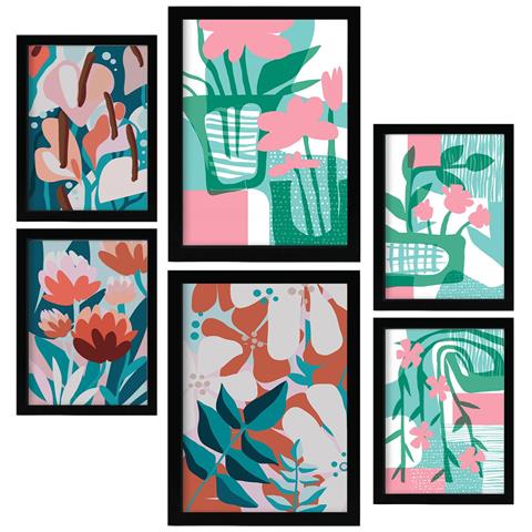 Set Di 6 Stampe Dipinti Decorativi Estetici Astratti Di Fiori Rosa Verdi Per Il Tuo Soggiorno, Camera Da Letto, Casa A3 & A4 Cornice Nera - Foto 1