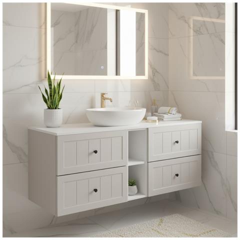 Mobile sottolavabo, Bianco e marrone, 160 cm, 4 cassetti con chiusura ammortizzata, Mobili da bagno - Foto 2