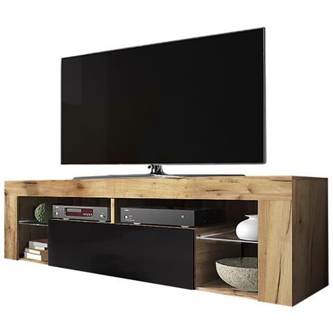 Bianko - Mobile Tv Moderno / Tavolino Tv / Porta Tv Elegante Con Ripiani In Vetro 140 Cm (quercia Dorata / Nero Lucido, Senza Led - Foto 1