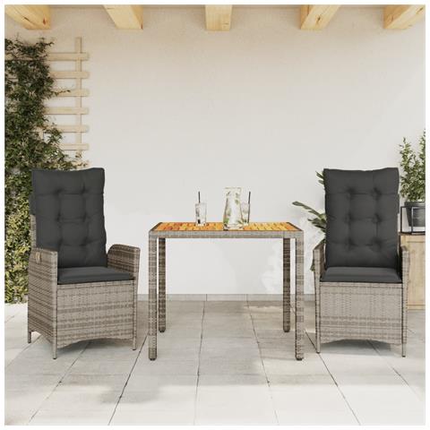 Set da Pranzo da Giardino 3 pz con Cuscini in Polyrattan Grigio - Foto 2
