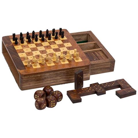 Gioco 3/11 (scacchi+domino+dadi) In Scatola, Legno Marrone 15,5x16x3 - Foto 1