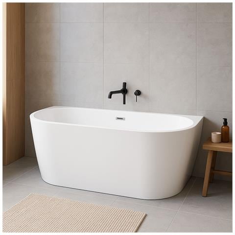 Vasca Da Bagno Filo Parete Semicircolare Acrilico Bianco Lucido 150 X 80 X 58 Cm - Foto 2