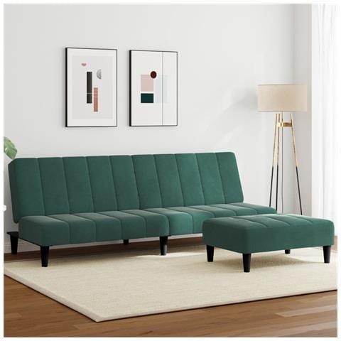 Divano Letto a 2 Posti con Poggiapiedi Verde Scuro in Velluto - Foto 2