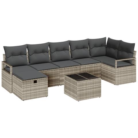 Set di Divani da Giardino a 8 Pezzi con Cuscini Grigio Chiaro Polyrattan, Divano da Giardino per 2 Persone con Cuscini Grigio Polyrattan - Foto 1