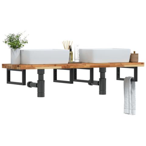 Ripiano a Parete per Lavabo in Acciaio e Massello di Acacia - Foto 2